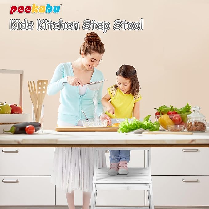 Kitchen Step Stool for Toddlers with Safety Rail, Wooden Toddler Standing Tower Kids Montessori Learning Stool Helper with A Anti-tip Structure for Kitchen Bathroom, Anti-Slip, White