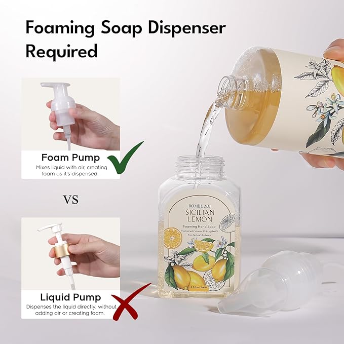 ROMIIE ZOI Hand Soap Refills Foaming 3pack (33.8 Fl Oz) + Reuseable Foam Soap Dispenser, Natural and Moisturizing Foaming Refills Kit, Lemon Hand Soap Refills