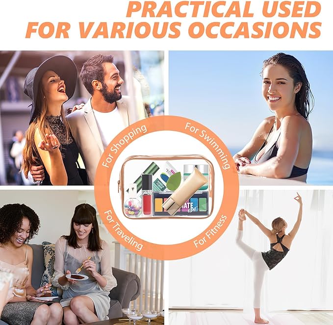 AURUZA 6 Pack Travel Toiletry Bag, Clear Makeup Bag, TSA Approved Cosmetic Bag with Zipper, Clear Organizer Carry on Bag for Women, PVC Cosmetic Pouch (Rose Pink, 6 Packs)