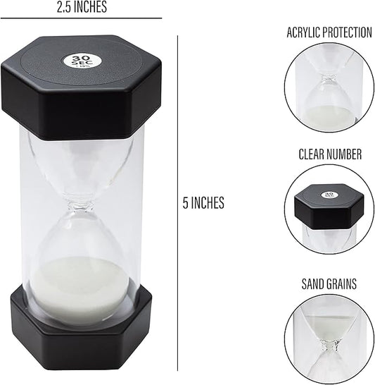 Sand Timer for Kids - 30 Seconds Black - 5 inches Hour Glass Acrylic Covered for Classroom, Home & Kids Room - Medium-Single Pack