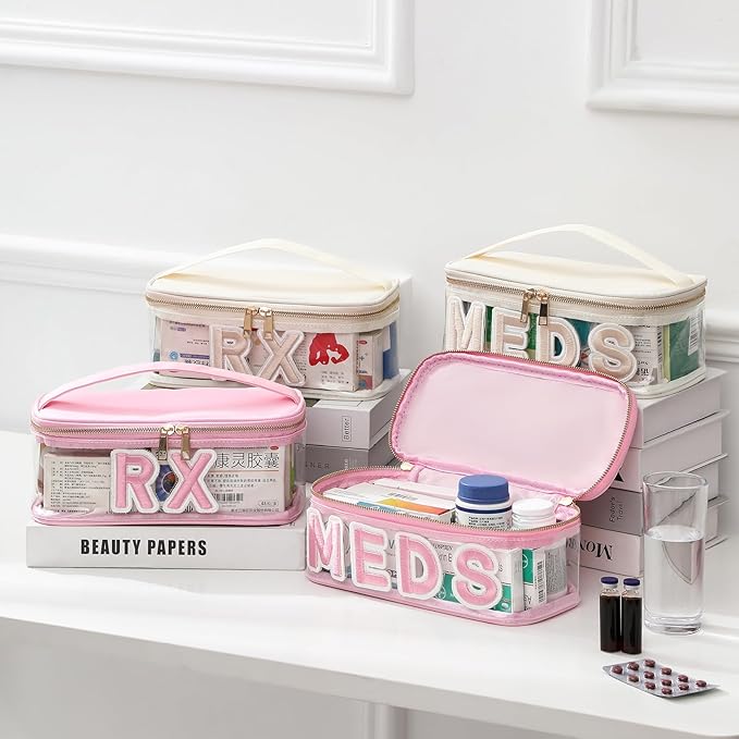 Clear Waterproof MEDS RX Makeup Bag,Transparent PVC Letter Patch medication travel case with Handle and Zipper, Portable Meds First Aid Travel Organizer Cosmetic Bag(04 Beige RX)