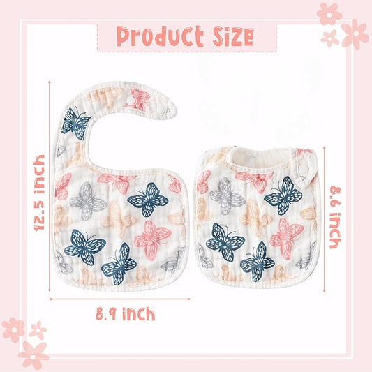 Zainpe 6Pcs Snap Muslin Cotton Baby Bibs Spring Butterflies Flowers Bib with 6 Absorbent Soft Layers Adjustable Burp Cloths for Infant Girl Boy Toddler Drooling Eating Teething Feeding 0 to 24 Months