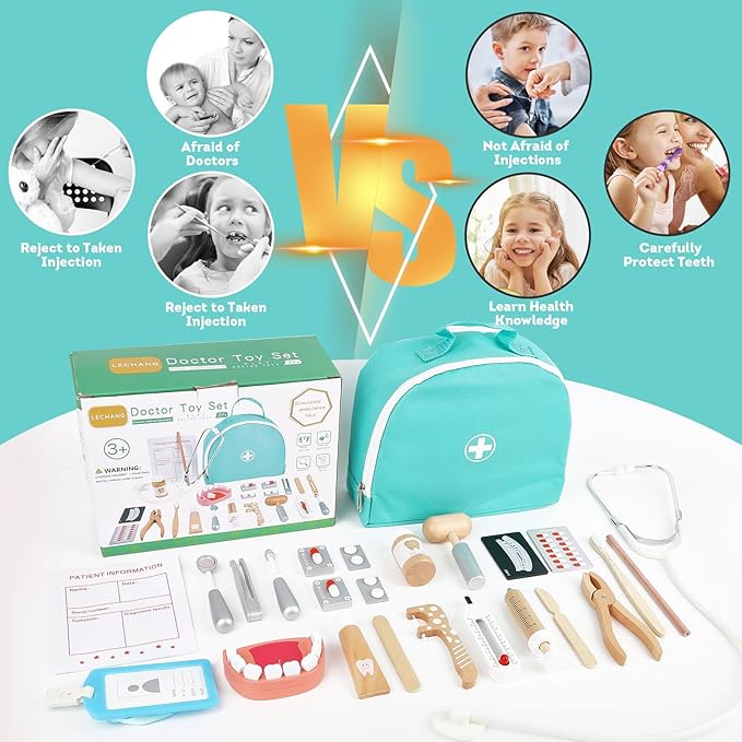 Doctor Kit for Kids, Dentist Pretend Play Educational Doctor Toy Set, 25Pcs Wooden Medical Kit with Stethoscope & Bag & Pretend Teeth & Doctor Toys, Role Play Toys for Girls and Boys 3-8 Years Old