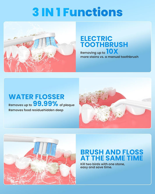 Electric Toothbrush with Water flosser, 3 in 1 Teeth Cleaning Kit with 7 Modes, Electric Toothbrush and flosser Combofor Adults, Water Flosser Portable for Travel and Home (White)