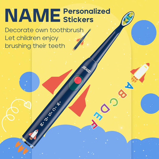 SEAGO Kids Electric Toothbrush, Rechargeable Sonic Soft Bristle Toothbrushes with 8 Brush Heads, DIY Stickers and 5 Modes, Ideal for Kids and Children, Ages 3–12,SG2303(Navy)