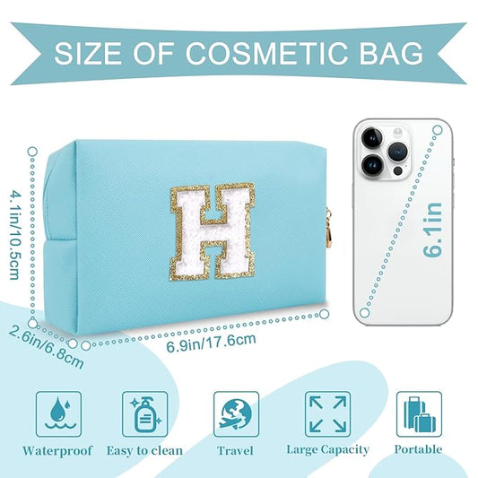 Small Personalized Initial A-Z Preppy Patch Makeup Bag,PU Chenille Letter Travel Cosmetic Pouch with Zipper,Blue Cute Toiletry Bag,Gift Ideal for Teen Girls Women Teacher Bridesmaid,Letter H