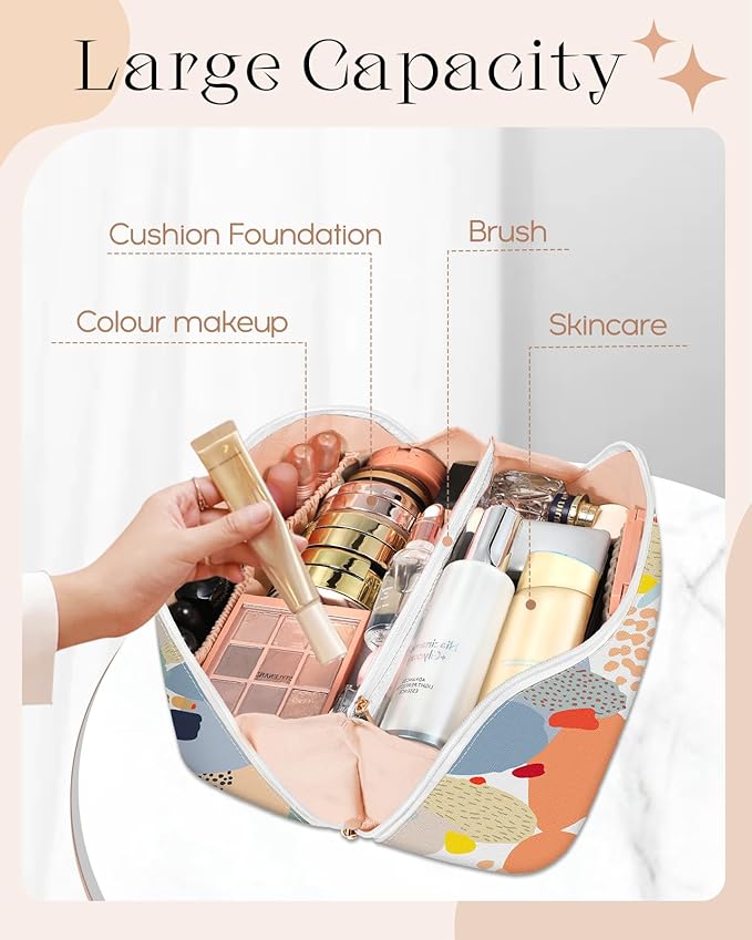 Bistup Makeup Bag Travel Cosmetic Bag Toiletry Make Up Bags Cute Women Large Capacity Big Medium Leather Abstract Aesthetic Portable Teen Girls Teenage Foldable Expandable Compact Open Flat Zip