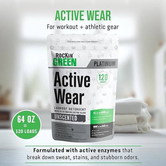 Rockin' Green Laundry Detergent, Plant based, All Natural Laundry Detergent Powder, Vegan and Biodegradable Odor Fighter, Safe for Sensitive Skin (Active Wear 120 Loads - Unscented)
