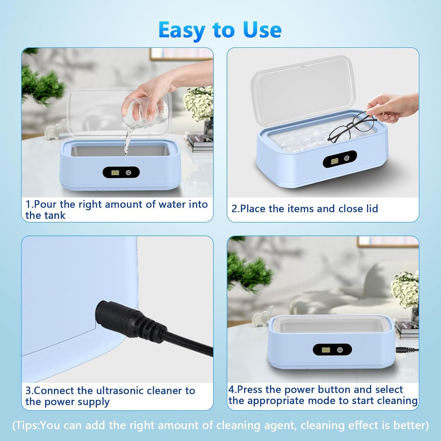 2025 Upgrade Large Capacity Ultrasonic Cleaner, 50Khz Ultrasonic Cleaner Machine with 5 Modes Timer for Glasses Dentures-304 Stainless Steel Tank, Blue