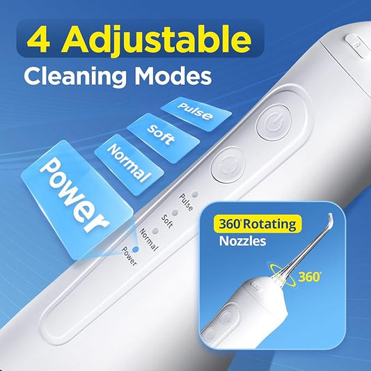 Brezz Water Dental Flosser Pick:Professional for Teeth Cleaning,4 Modes Cordless, Rechargeable IPX 7Waterproof,300ML Large Tank,Electric,Portable Home Travel,5Tips Flossing,Powerful Battery (White)
