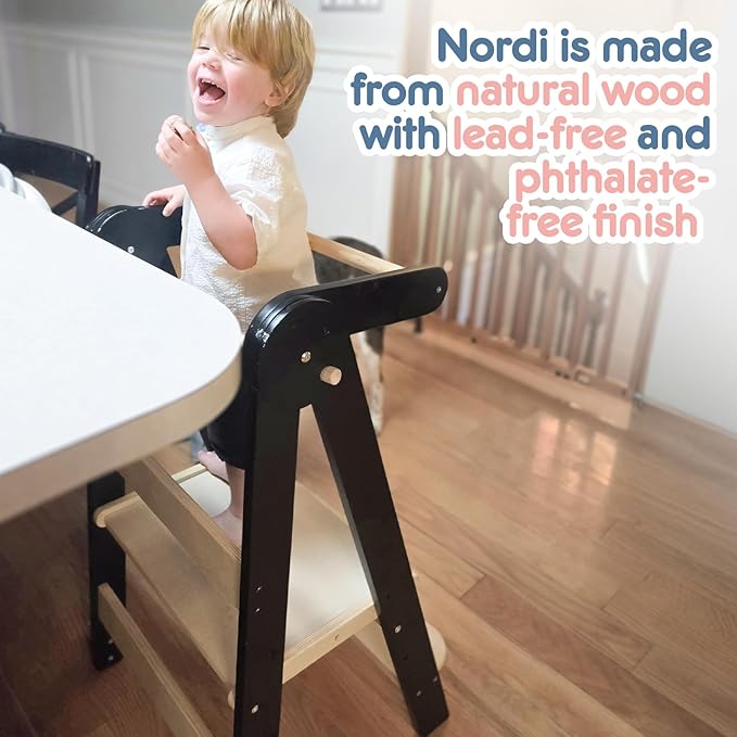 HARPPA Nordi Foldable Toddler Kitchen Tower, Montessori Kitchen Stools Helper, Standing Tower with 3 Adjustable Heights, Suitable Age for 2-6 Years, Black