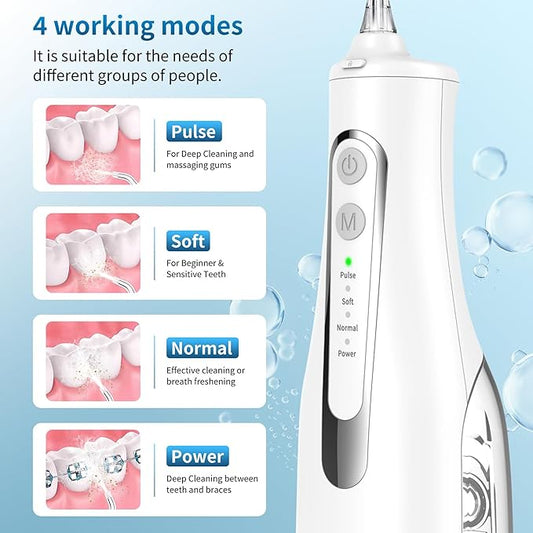 Cordless Oral Irrigator - 4 Modes Water Flosser for Teeth Cleaning, 300ML Reservoir, 360° Nozzle, IPX7 Waterproof, 2000mAh Rechargeable Battery, 4 Jet Tips, Smart Memory Function (M149 - White)