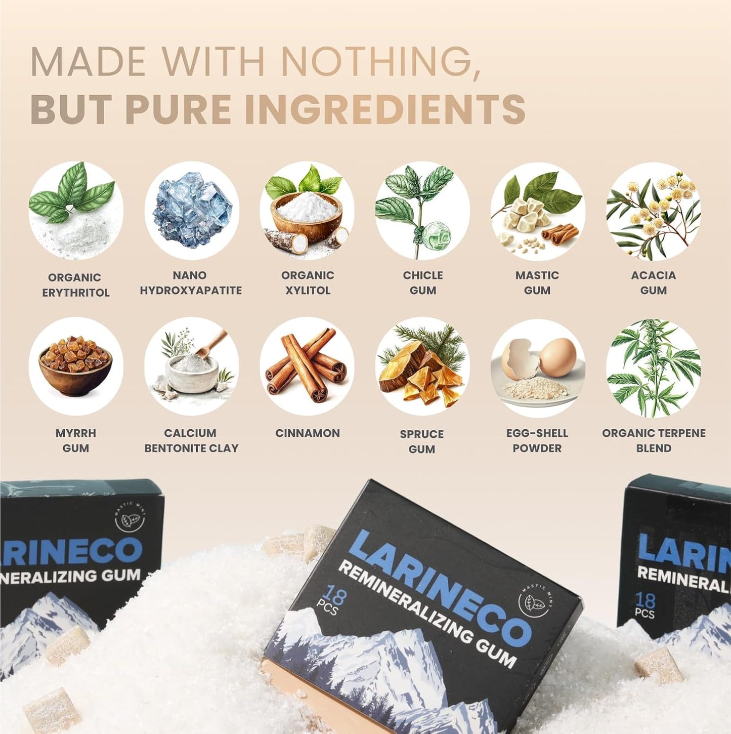 Larineco Remineralizing Gum with Nano Hydroxyapatite & Xylitol – Sugar-Free Cinnamon Xylitol Gum – Plastic-Free, Dye-Free, Aspartame-Free – Natural Base – 36 Pieces, Cinnamon