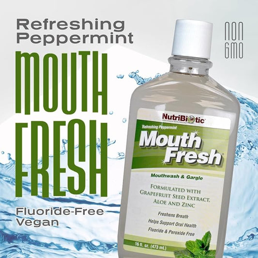 NutriBiotic MouthFresh, Refreshing Peppermint 16 Oz. Twin Pack | Natural Mouthwash & Gargle with Grapefruit Seed Extract, Aloe, Zinc & Witch Hazel | Fluoride-Free & Made Without GMOs & Gluten