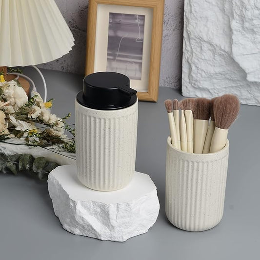 BosilunLife Beige Soap Dispenser Set - 2 Pack 12oz Ceramic Dish Soap Dispenser with Rust Proof Pump for Kitchen, Hand Soap and Lotion Set Suitable for Farmhouse Bathroom Decor