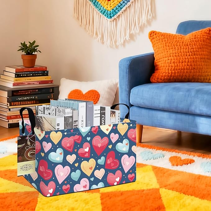 HUNRUNG Rectangle Storage Basket Cute Canvas Organizer Bin for Pet/Children Toys, Books, Clothes Perfect for Rooms/Playroom(REC-Colorful Heart)