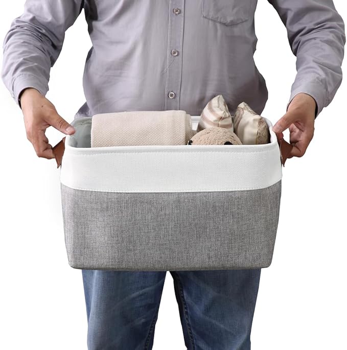 DECOMOMO Storage Baskets for Shelves - Fabric Storage Bins, Linen Closet Organizers and Storage (Grey & White, XL - 4 Pack)