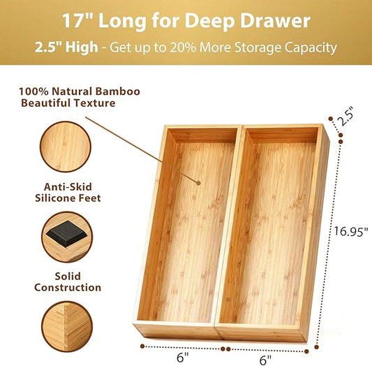 Umilife Bamboo Kitchen Utensils Organizer, Extra Long High Silverware Drawer Holder, Flatware Cutlery Storage Box, Multi-Use Drawer Divider in Office, Bathroom, Pantry - 17"x6"x2.5" (Set of 2)