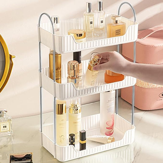 Bathroom Counter Cosmetic Organizer, 3 Tier-Cream White, Alloy Steel & PET Plastic, Rectangular, Tiered, Perfect for Toiletries & Cosmetics