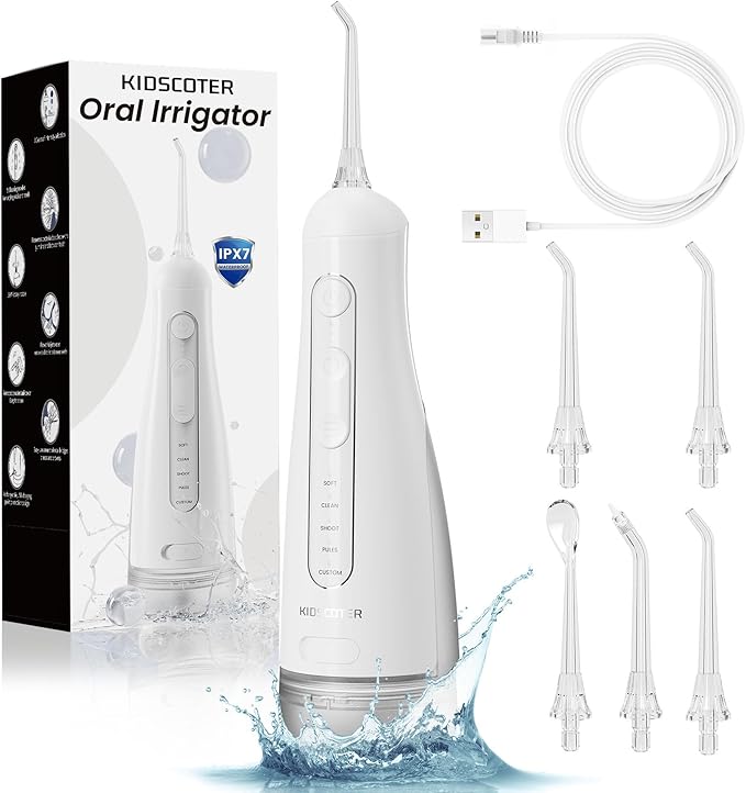 Water Flosser for Teeth with Detachable Washable Tank, 5 Modes Rechargeable Cordless Oral Irrigator, 300ml Portable Dental Flosser, IPX7 Waterproof for Home & Travel, White