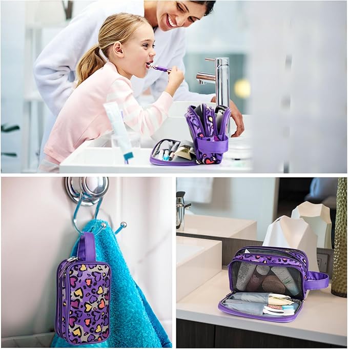 Kids Toiletry Bag for Girls, Travel Toiletry Bag for Little Young Girls Cosmetic Bag Makeup Bag Waterproof Hanging Wash Bag Toddler Toiletries, Leopard Purple