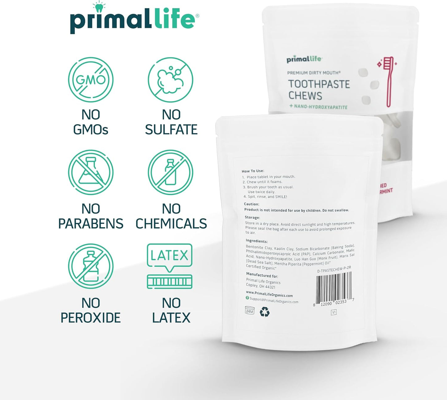 Primal Life Organics Premium Dirty Mouth Toothpaste Chews – Nano-Hydroxyapatite Whitening Toothpaste Tablets for Adults - Gluten Free, Vegan, Paleo - 60 Tablets in Bag - Polished Peppermint
