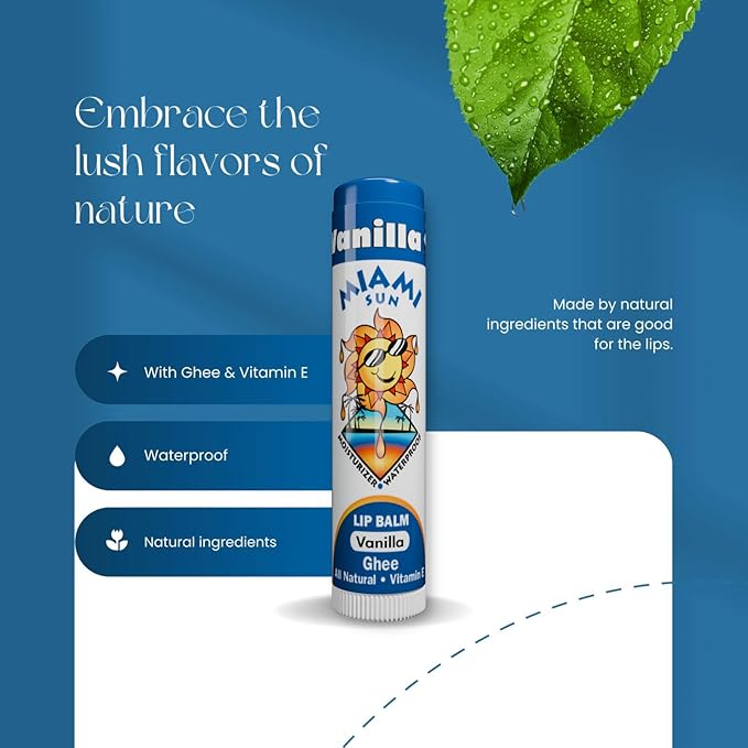 Miami Sun Natural Ghee Lip Balm, Hydrating Lip Treatment with Shea Butter & Beeswax, Organic & Non-Toxic, Best for Dry, Chapped Lips - Moisturizing, Healing, Chemical-Free Lip Care (4 Count, Variety)