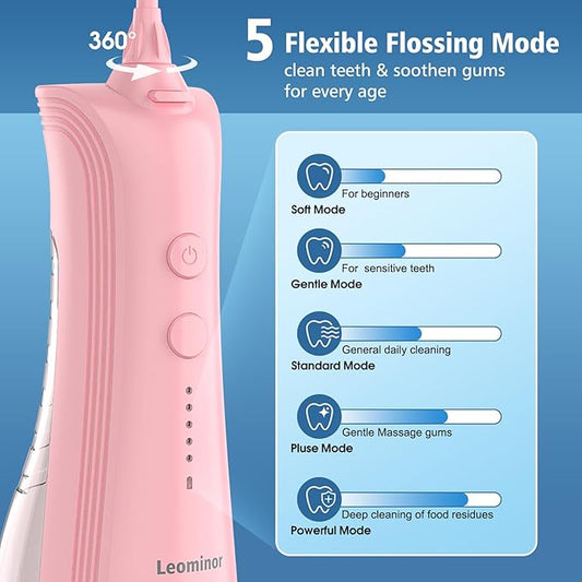 Leominor Water Dental Flosser - 5 Modes Cordless Portable Oral Irrigator, IPX7 Waterproof, Rechargeable Teeth Cleaner Upgrade Datchable Tank Professional Flossing Cleaning Pick for Home Travel (Pink)