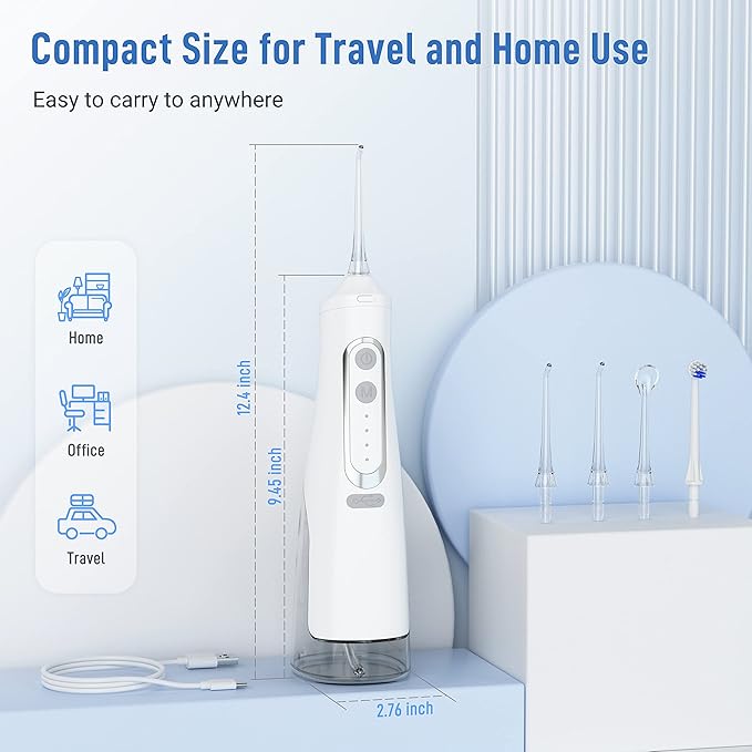 Cordless Water Flosser Teeth Cleaner Dental Oral Irrigator Picks Portable and Rechargeable 310ml Water Tank IPX7 Water Proof for Home and Travel Infiwarden (White)