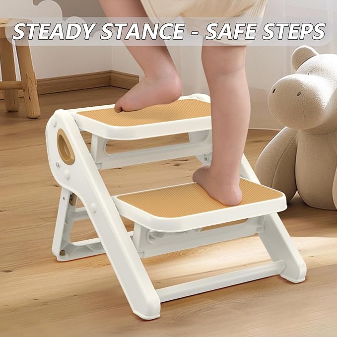 Toddler Step Stool, iNeibo 2-Step Foldable Step Stool for Kids, Widened & Thickened with Anti-Slip Design, Safer for Children Use for Kitchen, Bathroom, Toilet Training - Brown