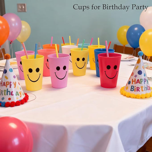 Plastic Cups Set for Kids Kitchen Drinking & Toothbrush Rinse, 260ml Reusable Colored Unbreakable Smiling Face Bathoom Mouthwash Tumbler Brushes, Kids Speed Training Stackable Cup