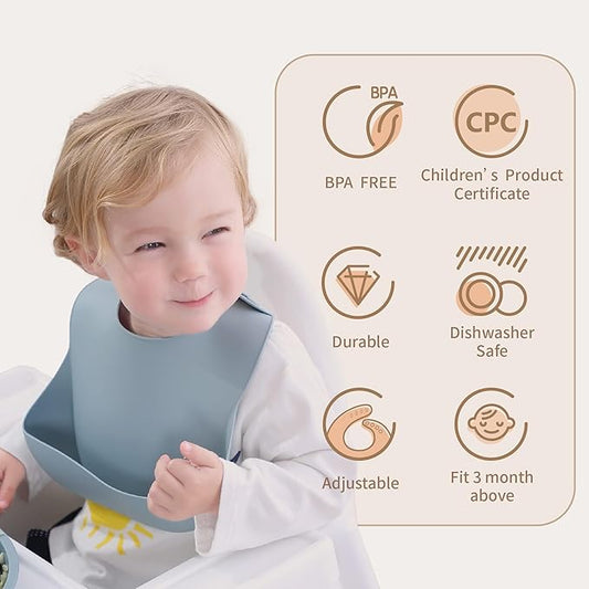 Moonkie Silicone Baby Bibs Set Of 2 | BPA Free Waterproof | Soft Flexible Adjustable Silicone Bibs for Babies & Toddlers(Light Grey/Blue Fog)