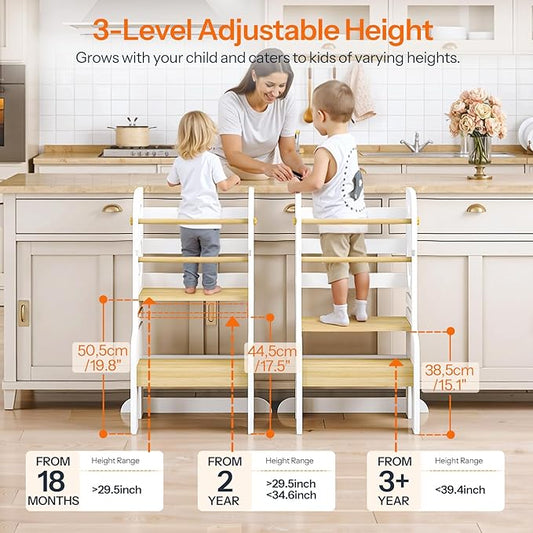 HOOBRO Toddler Standing Tower, Adjustable Height Toddler Step Stool with Back Protection, Kids Kitchen Step Stool with Safety Rails and Non-Slip Foot Pads, for Kitchen, Bathroom, White WN90JD01