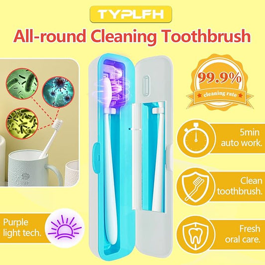 Toothbrush Sanitizer Case, TYPLFH Toothbrush Covers, Portable Toothbrush Travel Holder for Clean and Storage, C Port and AA Batteries Charge, Air Water Filt, Auto-Off, for All Toothbrushes (Blue)