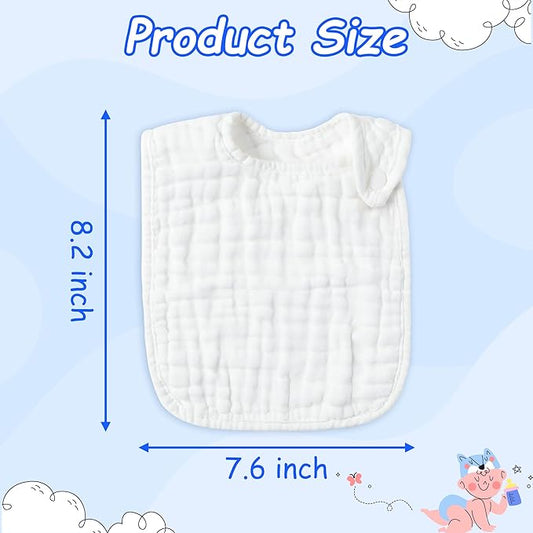 Zainpe 6Pcs Snap Muslin Cotton Baby Bibs White Adjustable Drool Bib with 6 Absorbent Soft Layers, Machine Washable Unisex Burp Cloths for 3 to 36 Months Boys Girls Infant Newborn Toddler