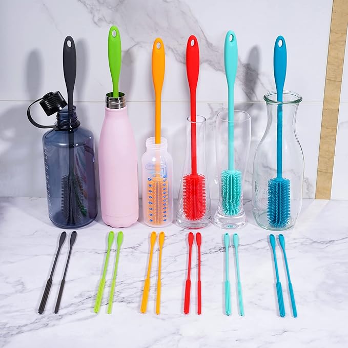 3-in-1 Silicone Bottle Brush and Straw Cleaning Brush Set, Water Bottle Cleaner for Narrow Neck Containers, Tumblers, Flask, Vase and Glassware (Turquoise)