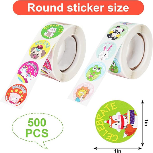 1000 Pcs Kid Stickers Animals, Stickers for Childens Teachers Students School Classroom in 16 Designs Motivational Stickers (1 Inch / 2 Rolls)