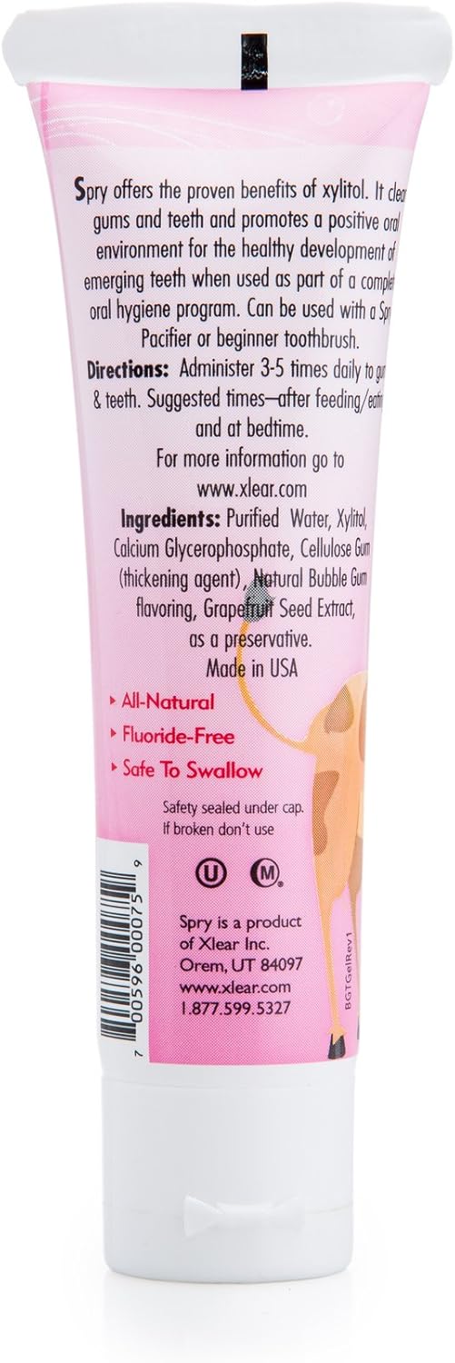 Spry Natural Xylitol Toothpaste for Baby, Toddler, Kids Age 3 Months Up - Fluoride Free Tooth Gel, Support Development of Emerging Teeth, Strawberry Banana, Bubblegum, Original, 2 Fl Oz (Pack of 3)