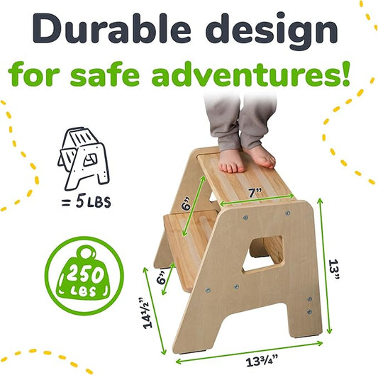 OCODILE 2-Step Wooden Step Stool for Toddlers | Kids Stool for Bathroom Sink & Kitchen Use | Non-Slip Step | Wooden Stool for Children Ages 2+ Years Varnished