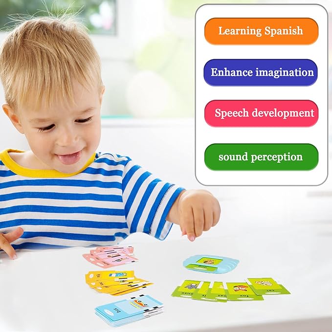 Spanish & English Talking Flash Cards for Toddlers 1 2 3 4 5 6, Audible Toys for Kids to Learn Spanish - 258 Cards and 516 Words(Blue)