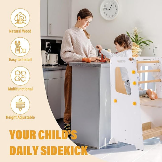Toddler Standing Tower, Toddler Step Stool with White Board&Convertible Table and Chair, Kitchen Stool Height Adjustable with Safety Rail, Helper Tower for Kids Cooking