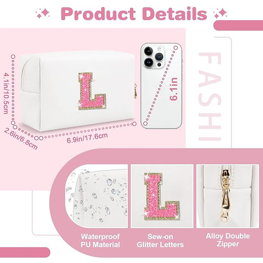 Small Personalized Initial A-Z Patch Makeup Bag,White Cute PU Leather Glitter Letter Cosmetic Bag for Teen Girls,Travel Toiletry Bag with Zipper,Preppy Monogrammed Birthday Gift for Daughter Niece L