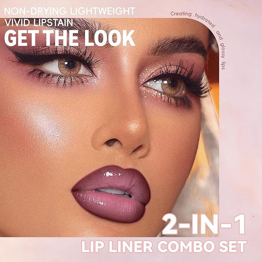 Lip Liner Gloss Lip Combo Set, 2 in 1 Lip Duo Natural Nude Lip Liner Lipstick Glossy Nourishing Blushl Dew Gloss Lip Kit, Smooth Quick Fuller Plumping Juicy Lip Makeup for Women05#Rose Dewy