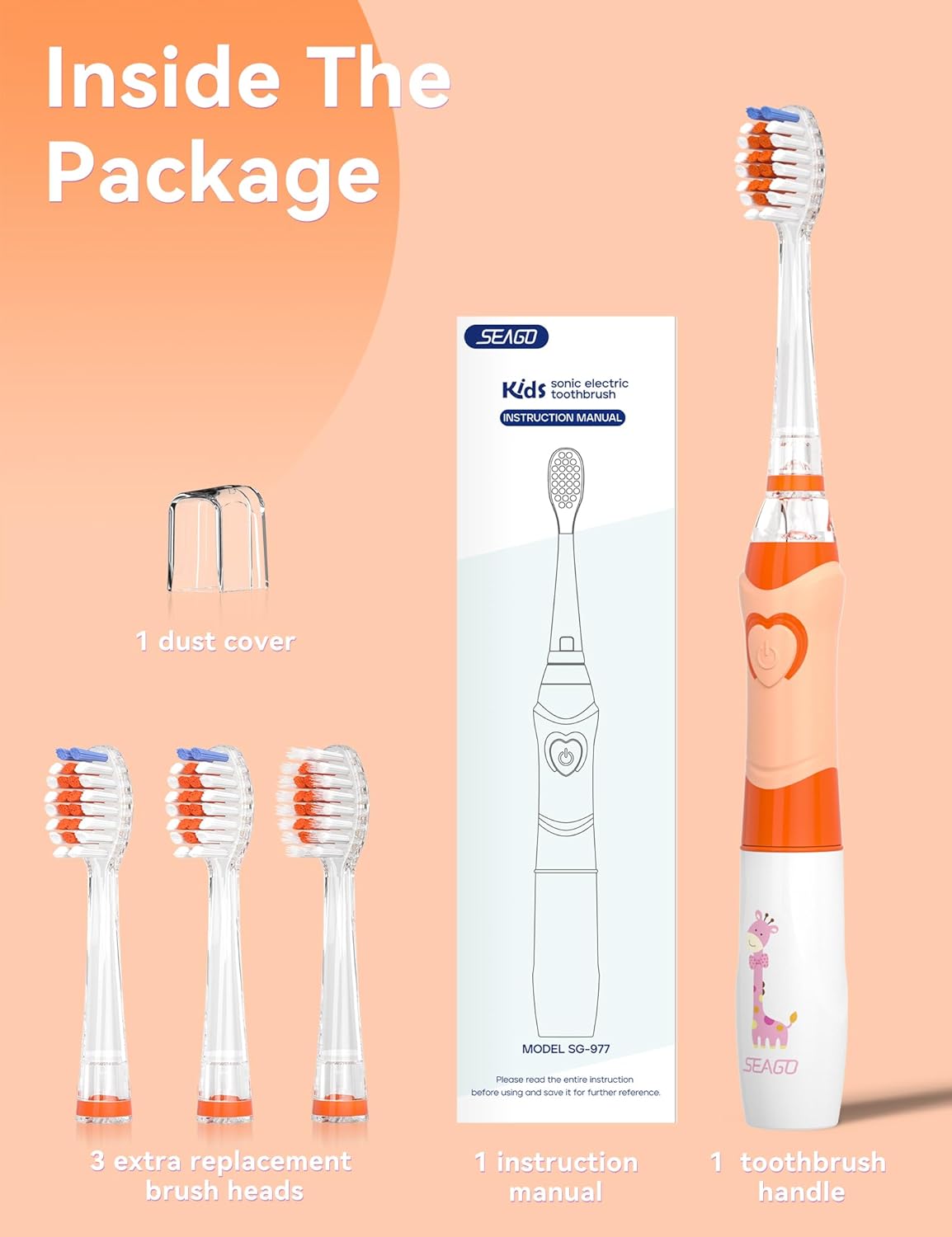 SEAGO Kids Electric Toothbrush with 2 Mins Brushing Timer and 4 Replacement Bursh Heads, Rainbow LED Light Make Brushing Fun, Boys Battery Powerd Toothbrush for 4-12 Years Old,SG-977(Orange)