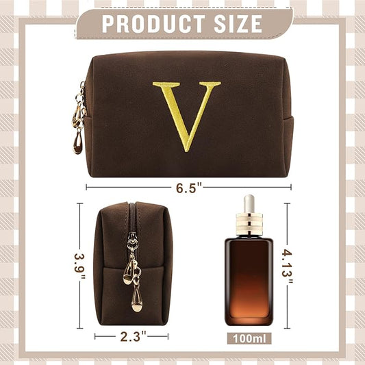 Personalized Initial Makeup Bag,Preppy Suede Cosmetic Bag for Teen Girls,Small Monogram Travel Toiletry Bag With Gold Embroidered Letter,Trendy Stuff Custom Christmas Gift for Women(Coffee-V)