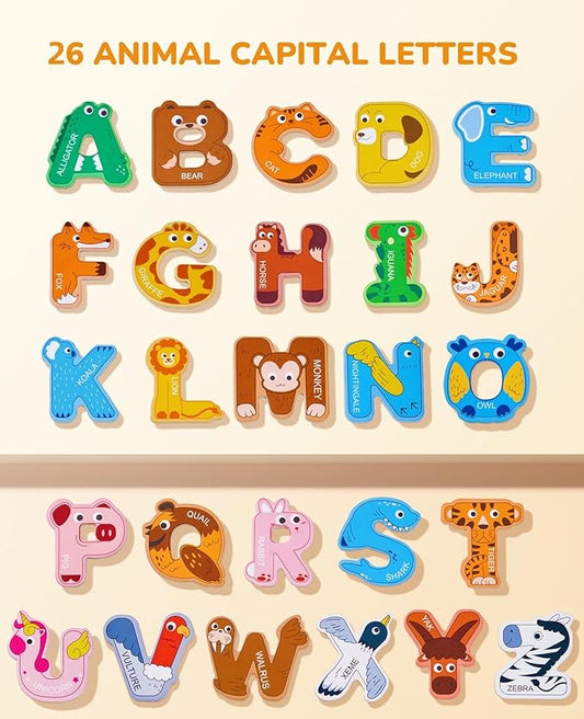 JoyCat Wooden Thick Alphabet Magnets for Toddlers Fridge Large Size Cute Animal Colorful ABC Magnetic Letters 26 Uppercase Letters Educational Toy Set for Kids Toddlers Preschool Learning Spelling