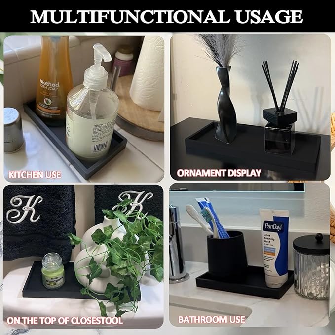 2PCS 7.87” L x 3.93” W Silicone Soap Dispenser Trays, countertop Tray for Kitchen Counter, Toilet, Small Black Tray for Scrubber, Lotion Bottles, Perfume, Jewelry, Candle, Key Trinket Ring-Black