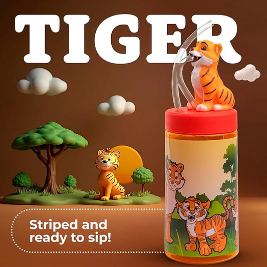Kids Water Bottle, Toddler Cups, Tumbler with Lid and Straw, Travel Sippy Cup for Water or Milk, Kids Cups with Lids for Toddlers 3 and Up, BPA Free Plastic, 12 oz (Zoo Bengal Tiger)