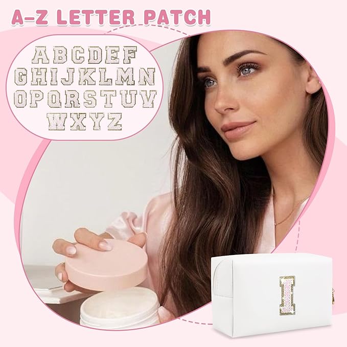 Small Initial Patch Makeup Bag Personalized Gifts Make Up Bag,White Cute PU Leather Glitter Letter Cosmetic Bag with Zipper,Trendy Portable Travel Toiletry Pouch,Preppy Stuff for Teen Girls Women I