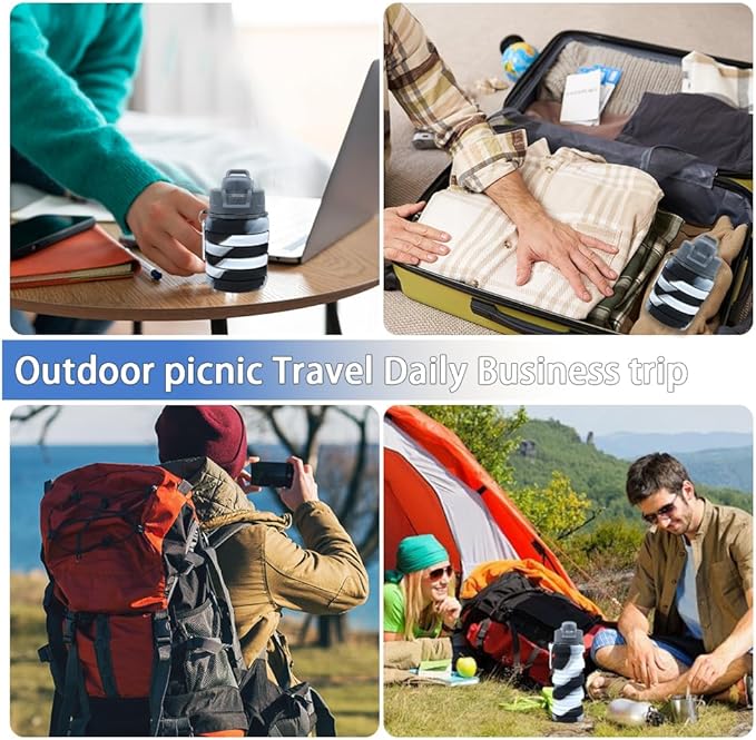 Silicone Collapsible Water Bottles, 16oz Portable Foldable Expandable Water Bottle Sports Cups, Leak Proof Reusable BPA Free, for Outdoor Activities Travel(Black white)